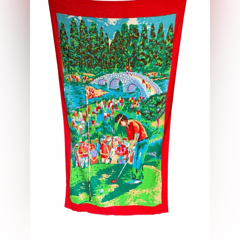 Vintage y2k Vibrant Hot Pink & Green Golf Scene Beach Towel Summer Vacation NWT
